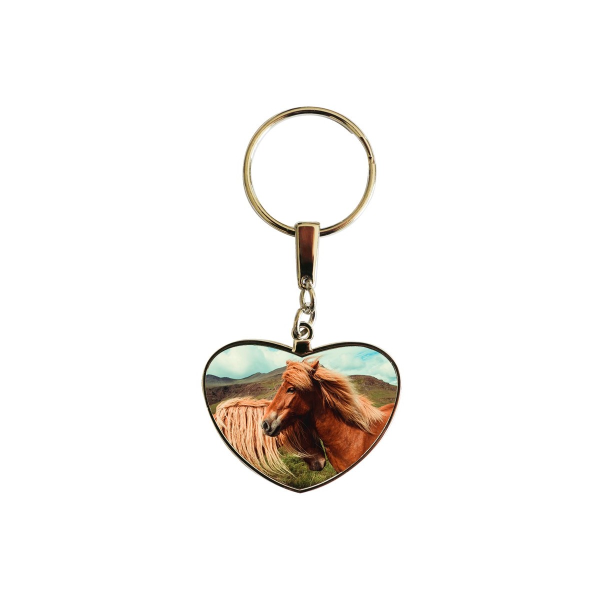 Porte-clés double face en métal forme coeur avec chevaux tête bêche